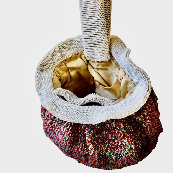 Vintage BEADED Drawstring Wrist Pouch Bag Flapper Art Deco Small - Picture 9 of 13